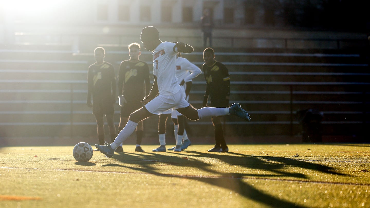 TechBoston's Yevegueny Glemaud and his teammates will now play Dearborn STEM in Tuesday's Division 5 semifinal. He scored a goal on a PK in Tuesday's quarterfinal.