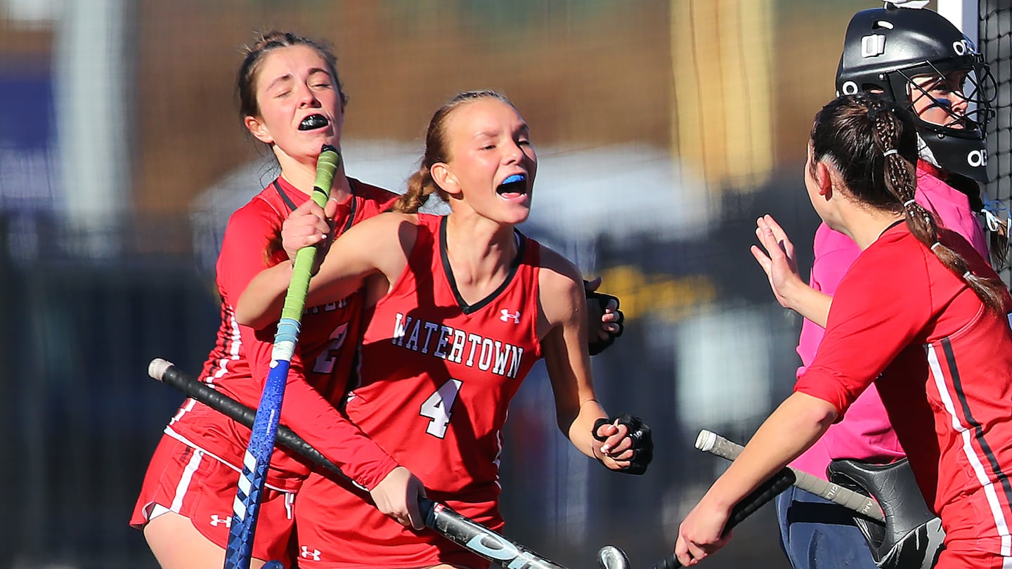 Watertown sophomore Kaylee Master (center) exuded joy after her goal put Watertown on top, 2-0, over Sandwich in the Division 3 final at Worcester State.