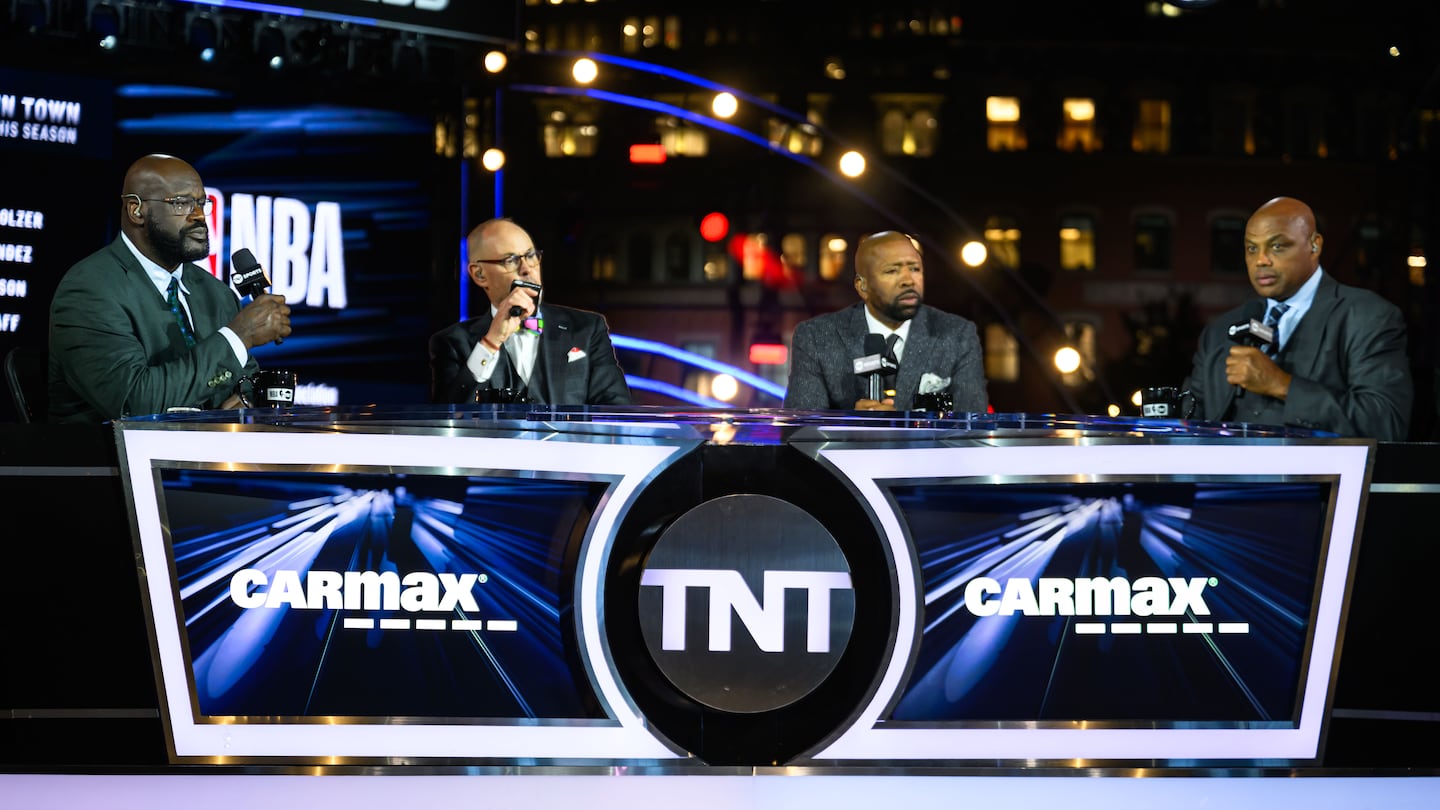 Hosts of the "Inside the NBA" (from left) Shaquille O'Neal, Ernie Johnson Jr., Kenny Smith, and Charles Barkley are expected to be moving to ABC and ESPN beginning next season, though the show will continue to be produced by Warner Bros. Discovery.