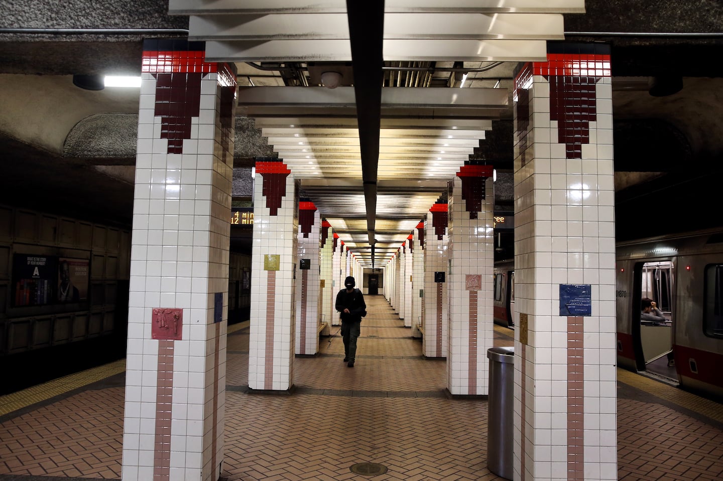 A Red Line train at the Broadway station in Boston, MA on April 12, 2022.