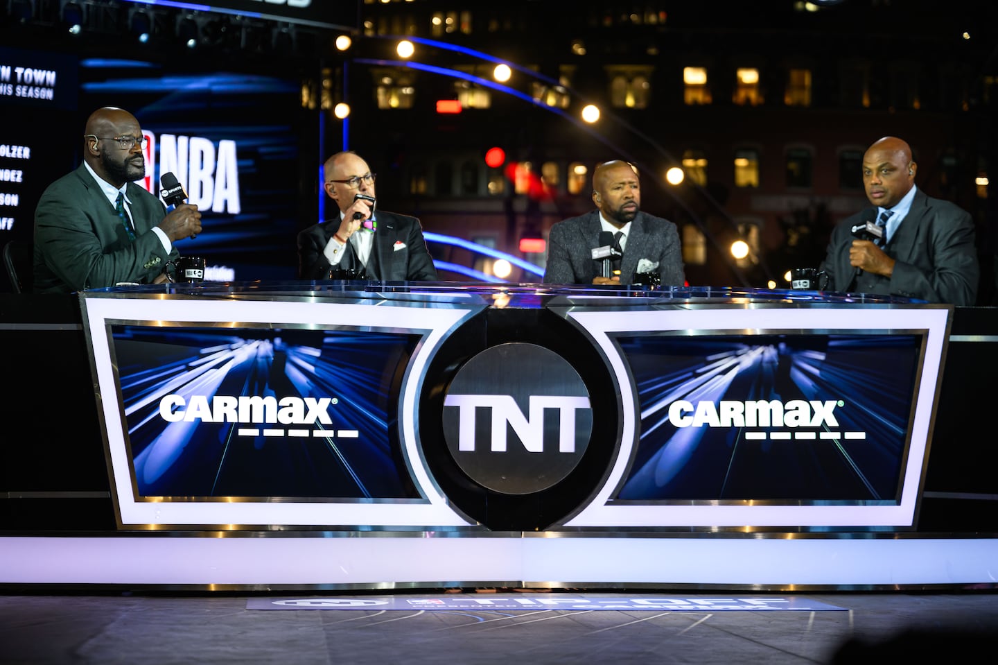 Hosts of the "Inside the NBA" (from left) Shaquille O'Neal, Ernie Johnson Jr., Kenny Smith, and Charles Barkley are expected to be moving to ABC and ESPN beginning next season, though the show will continue to be produced by Warner Bros. Discovery.