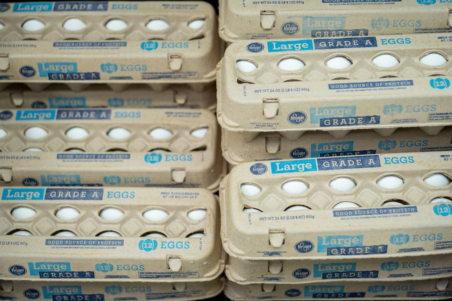 Cartons of eggs were arranged for sale in a Kroger grocery store in August 2022 in Houston.