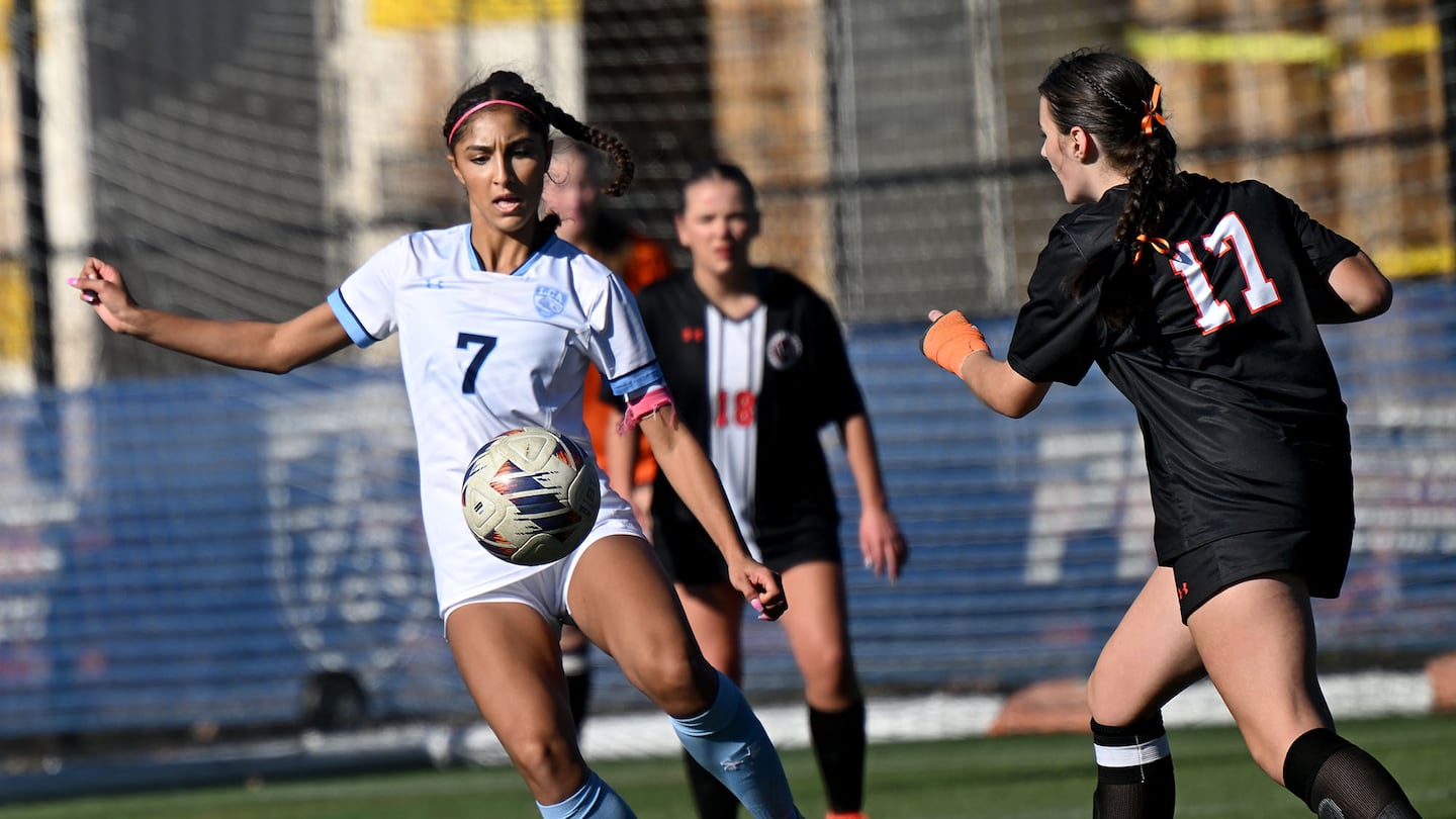 Lexington Christian Academy’s Ani Greene (7) who scored all four of her team's goals, goes on the attack during the first half against Vermont Academy in the NEPSAC Class D girls' soccer final Sunday at the FC Stars complex in Lancaster.