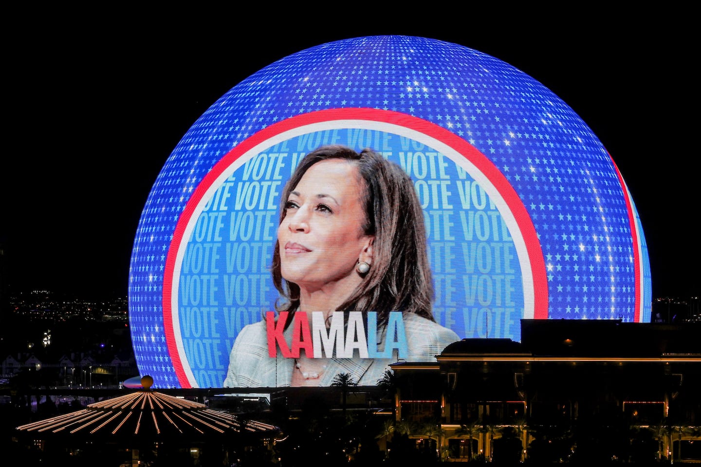 An ad for Vice President Kamala Harris was displayed on the Sphere on Oct. 30 in Las Vegas, Nev. Her campaign spent around $900,000 to book advertising on the venue in the last week of the race, two officials said.