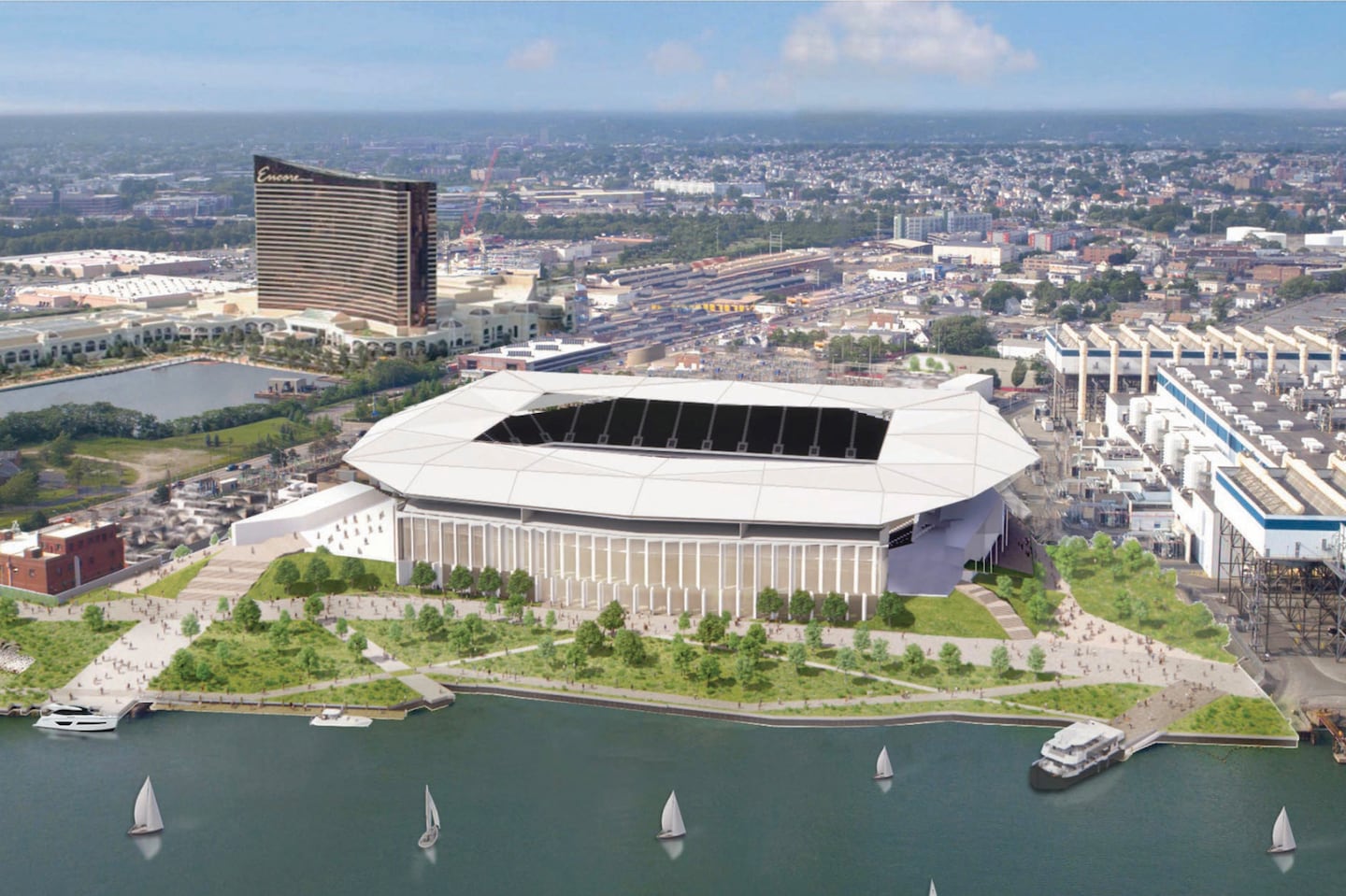 Artist's rendering of a proposed New England Revolution soccer stadium along the Mystic River in Everett.