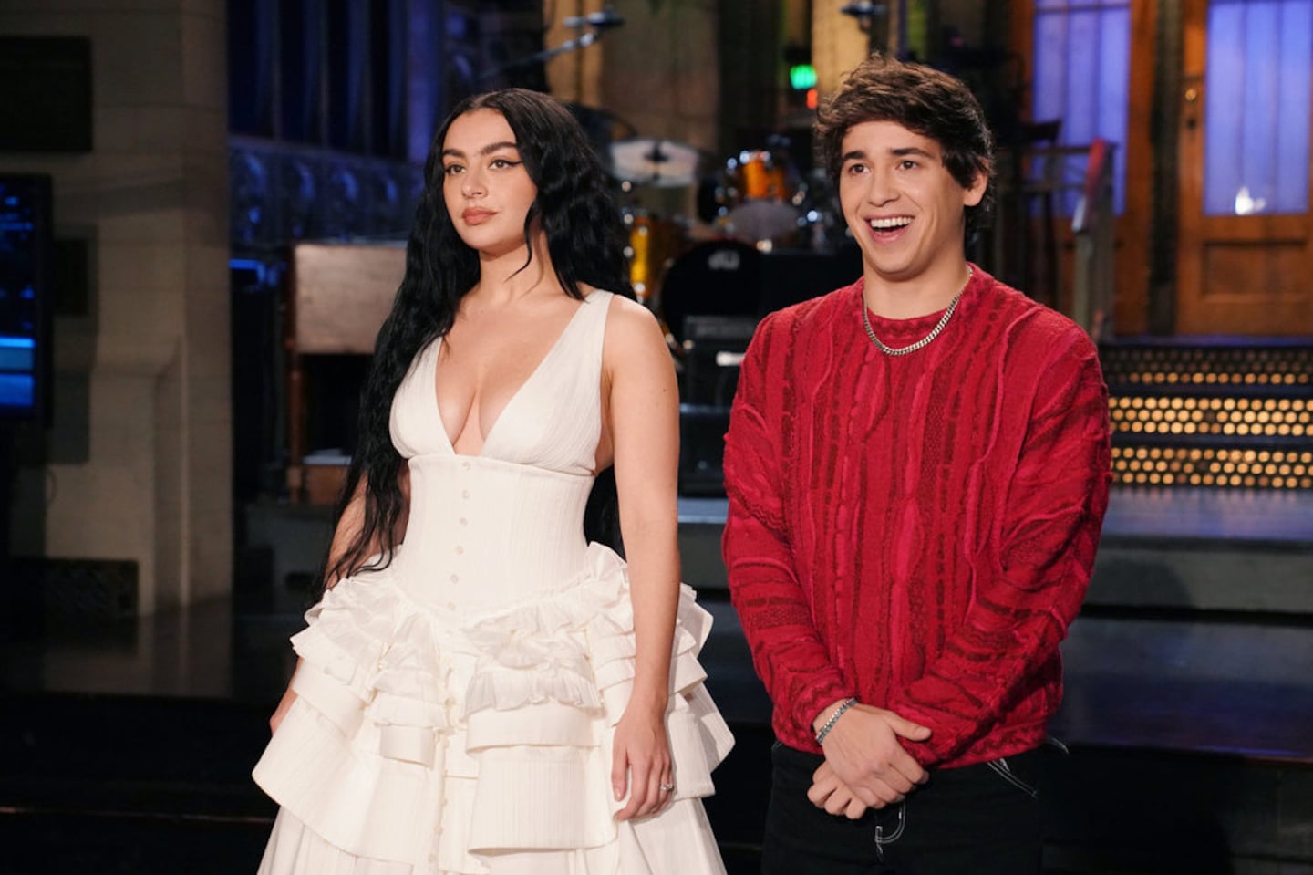 From left: Charli XCX and Marcello Hernández during Promos in Studio 8H for "Saturday Night Live" on Thursday.