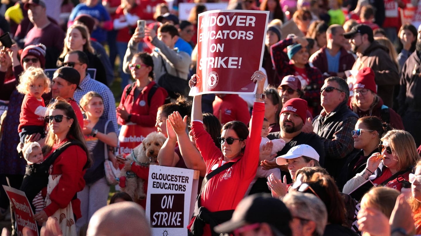 Educators and their supporters gather during a rally Monday amid strikes in Beverly, Gloucester, and Marblehead.