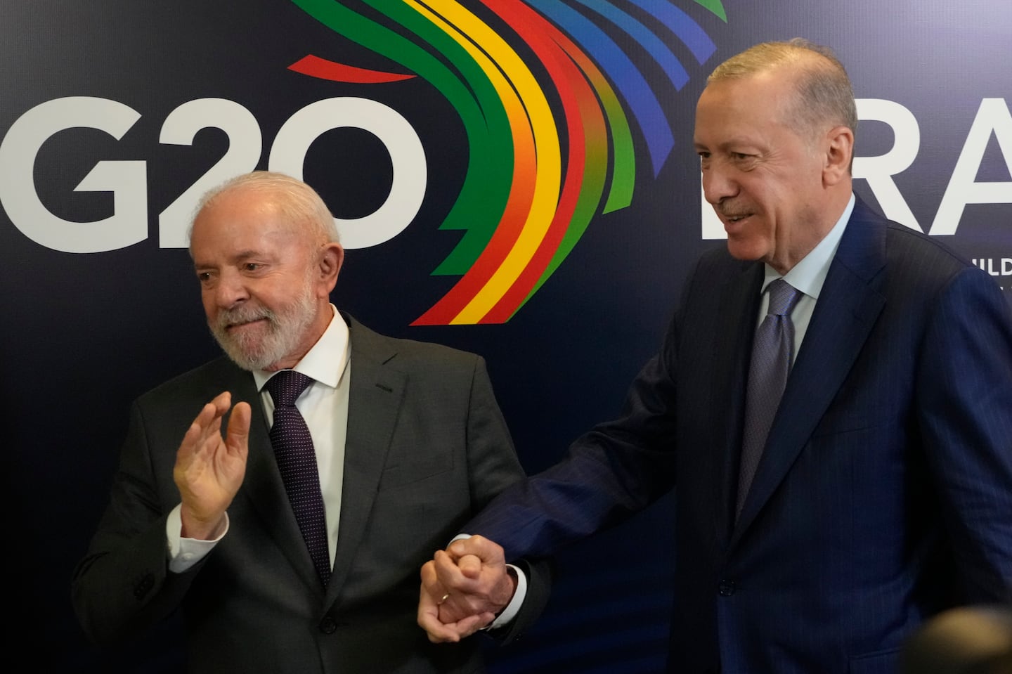 Brazil's President Luiz Inacio Lula da Silva, left, and Turkey's President Recep Tayyip Erdogan, walk during a bilateral meeting a day before the opening of the G20 Summit, in Rio de Janeiro, on Nov. 17.