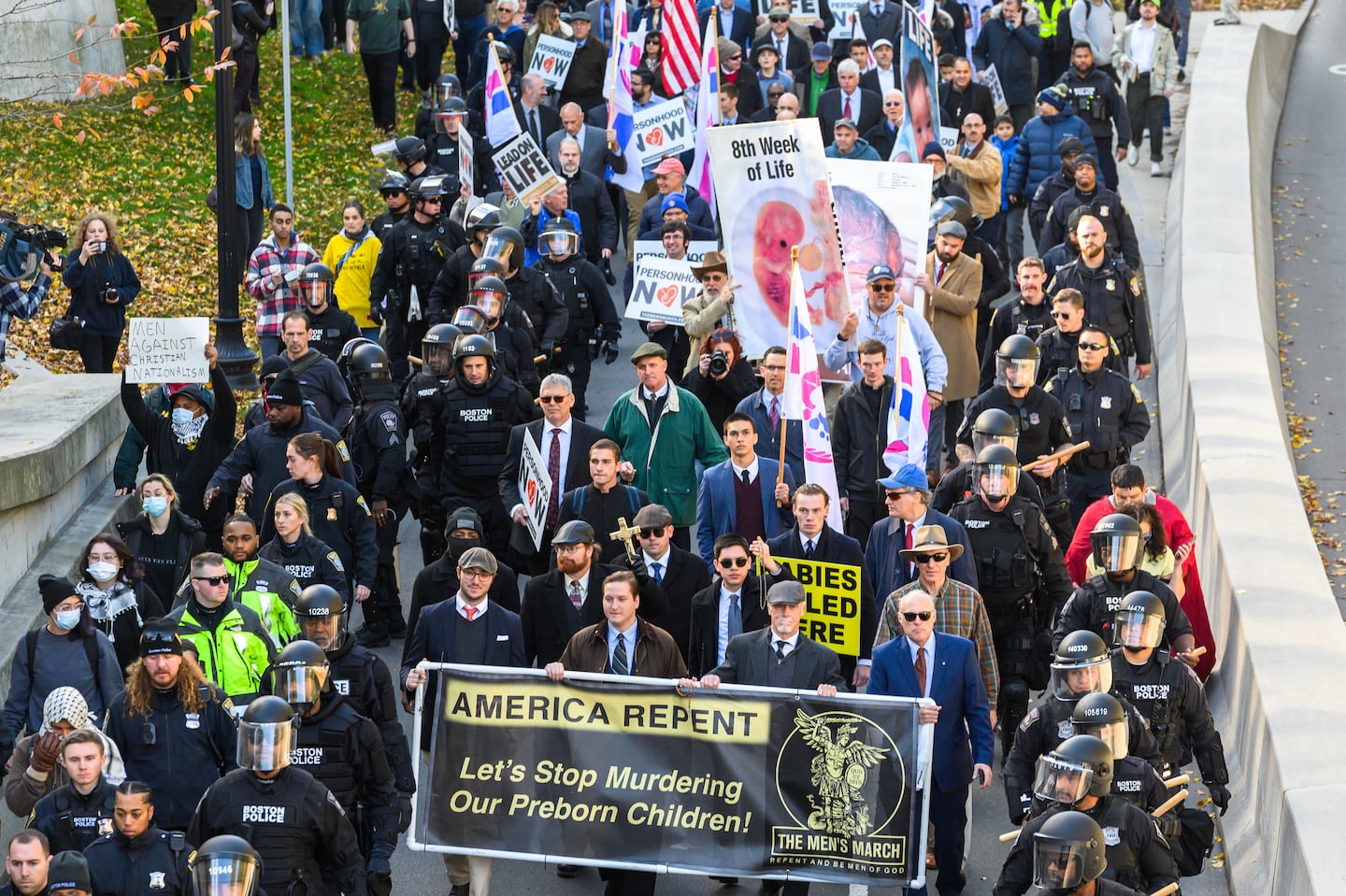 The Men’s March to Abolish Abortion and Rally for Personhood makes its way down Commonwealth Avenue on Saturday.