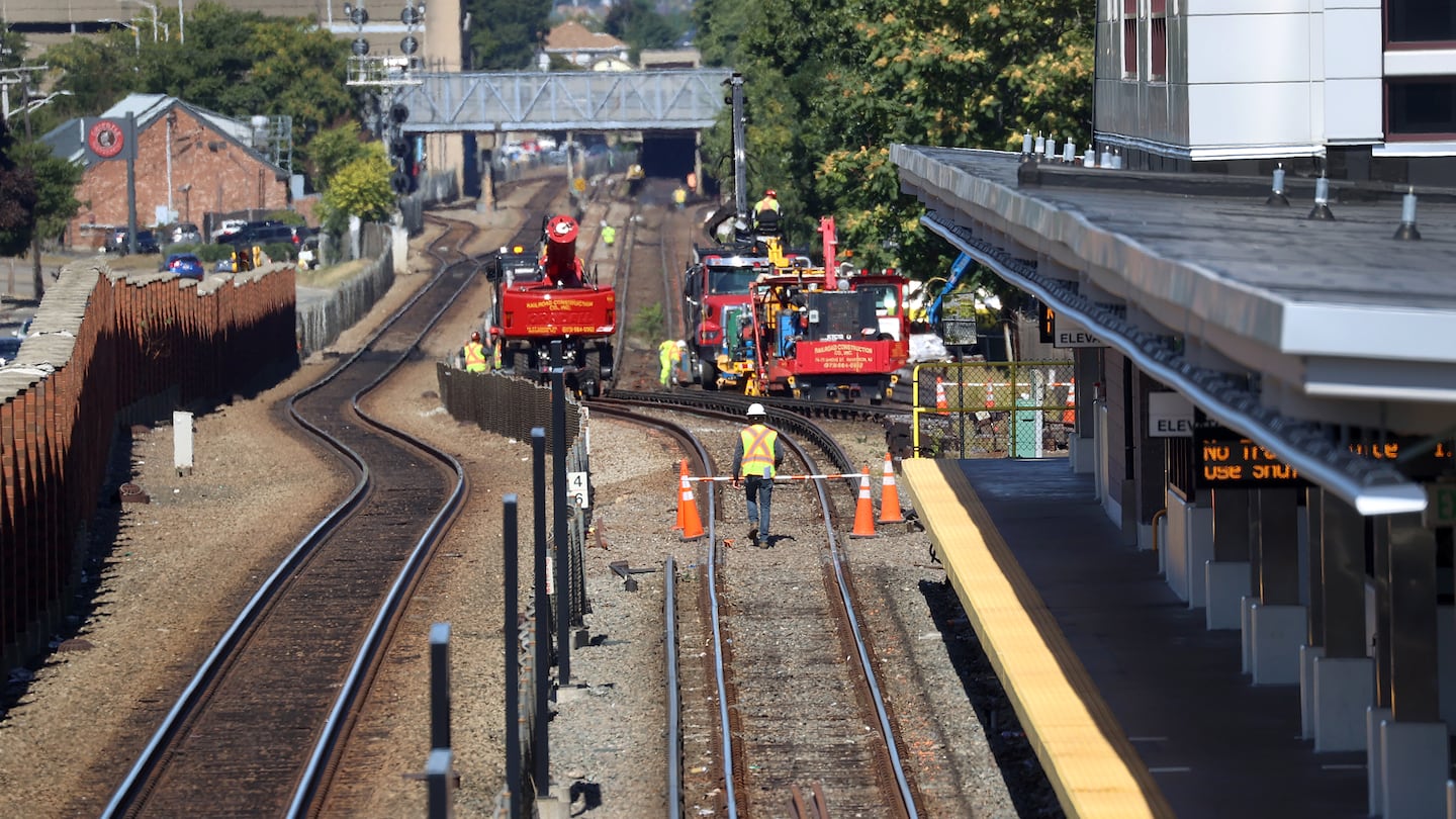 A view of Wollaston Station on the right with construction happening on the tracks in September.