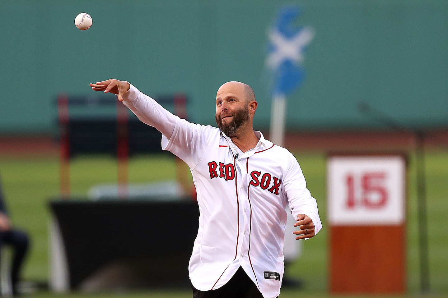 Dustin Pedroia threw a ceremonial pitch at Fenway Park in June 2021 on a day the Red Sox honored him.