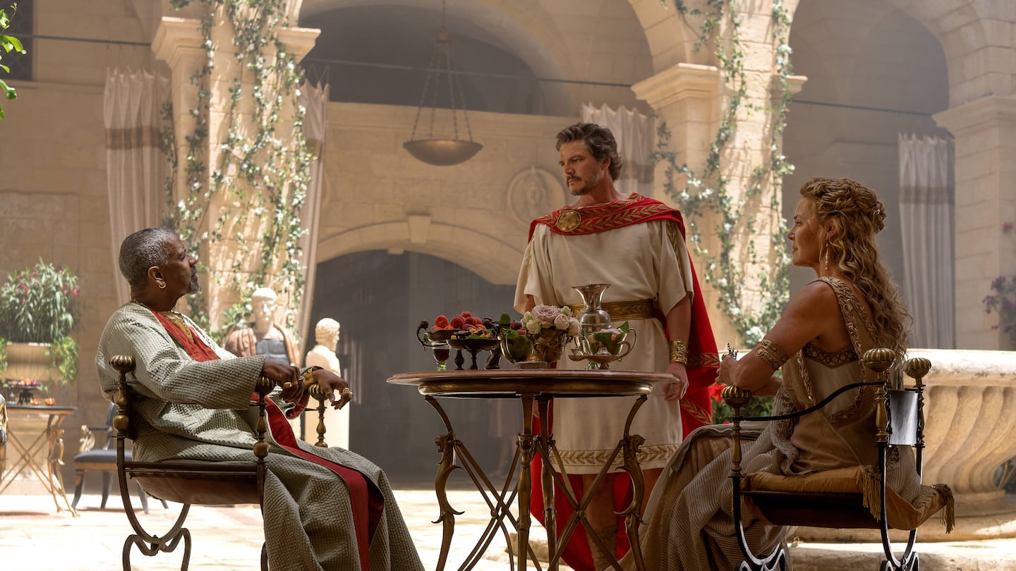 From left: Denzel Washington as Macrinus, Pedro Pascal as General Acacius, and Connie Nielsen as Lucilla in "Gladiator II."