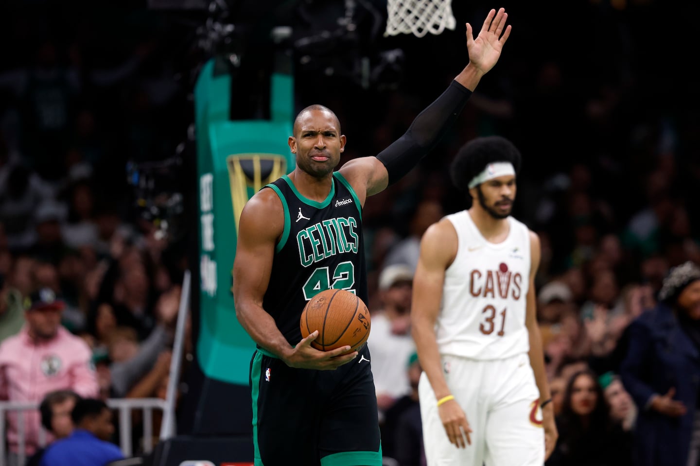 Celtics center Al Horford (left, No. 42) reacts after being called for a fourth-quarter foul in Tuesday night's 120-117 victory over the previously-unbeaten Cavaliers. Horford scored 20 points, hitting 4 of 5 3-pointers,to go along with 7 rebounds, 3 blocked shots and 1 assist.