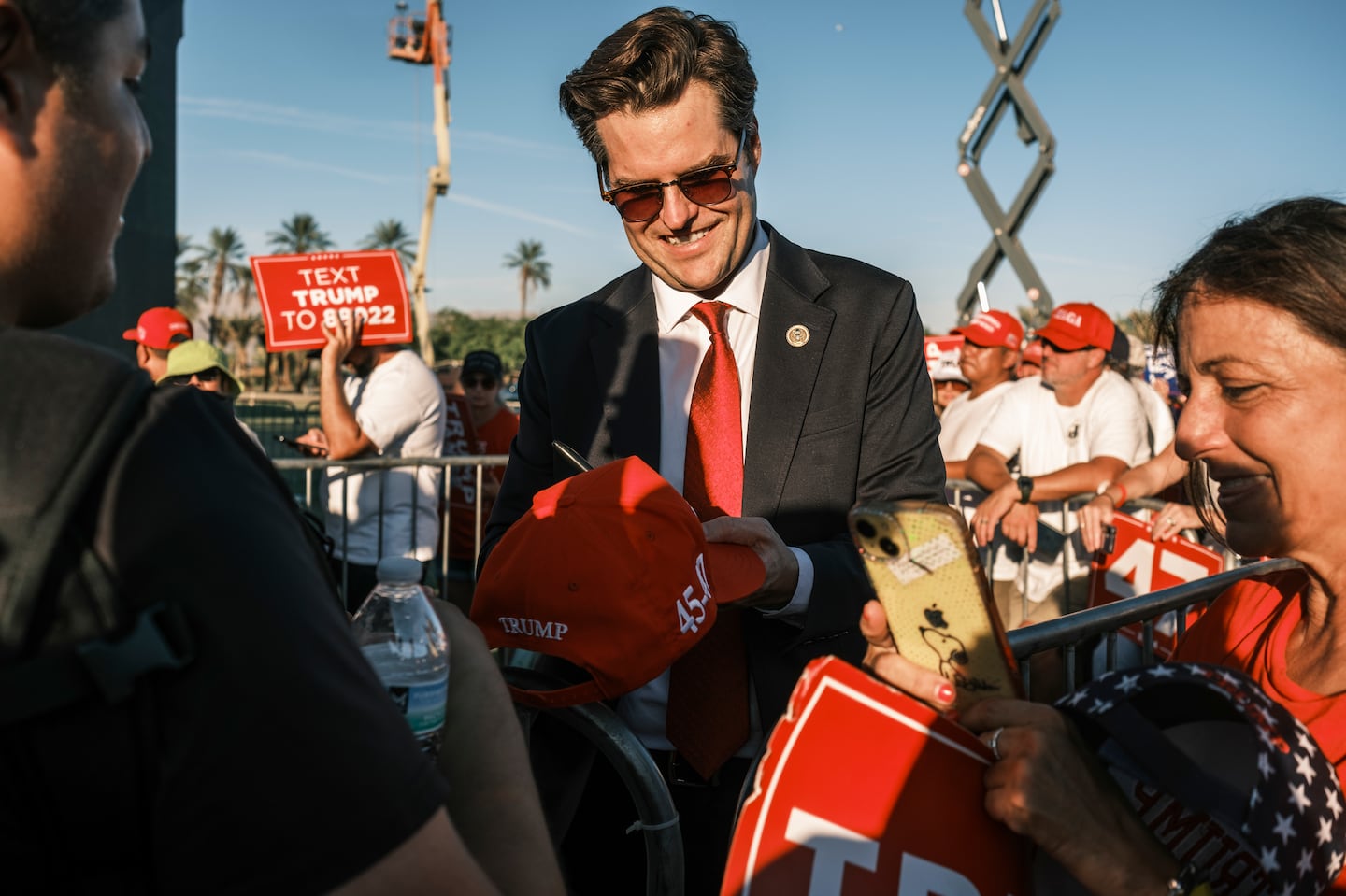 Matt Gaetz spoke with attendees during a campaign rally for Donald Trump in Coachella, Calif., on Oct. 12.