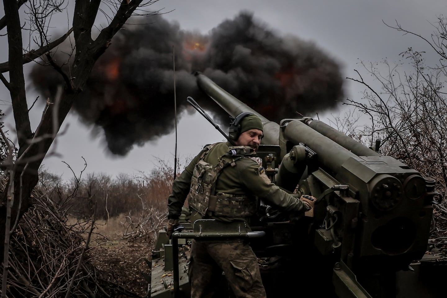 Servicemen of the 24th Mechanised Brigade fire 2s5 self-propelled 152mm howitzer towards Russian positions near Chasiv Yar, Donetsk region, Ukraine, on Nov. 18.