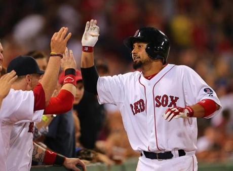 Shane Victorino drove in three runs, including a solo homer in the eighth that pulled the Sox to within 7-2.
