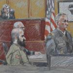 Colonel Steve Hendricks, shown in a courtroom sketch, spoke to jurors as Major Nidal Malik Hasan looked on.