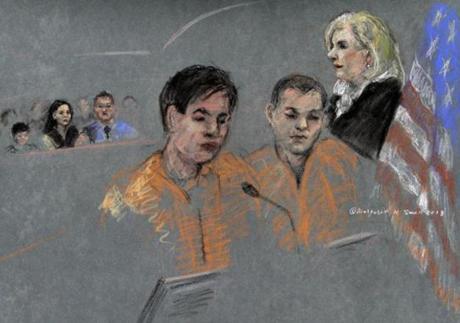 In this courtroom sketch, defendants Dias Kadyrbayev, left, and Azamat Tazhayakov appear before Magistrate Judge Marianne Bowler. 
