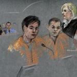 In this courtroom sketch, defendants Dias Kadyrbayev, left, and Azamat Tazhayakov appear before Magistrate Judge Marianne Bowler. 