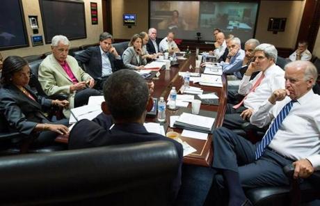 President Obama (center) met in the Situation Room with his advisers to discuss strategy in Syria.
