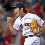 Red Sox closer Koji Uehara celebrated after setting down the Tigers in order to save win as Boston defeated Detroit 2-1, at Fenway Park on Sept. 3.