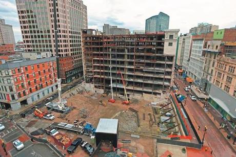 Current construction at the Filene’s Downtown Crossing site is focused on the rehabilitation of the original 1912 Beaux Arts-style building.
