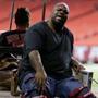 Patriots defensive tackle Vince Wilfork was transported out of the Georgia Dome after the game.