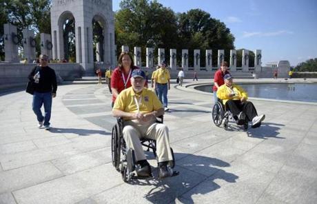 Veterans on an Honor Flight tour visited the World War II Memorial in Washington, D.C., despite it being closed. 
