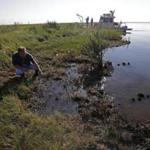 P.J. Hahn, coastal zone manager for Plaquemines Parish in Louisiana, examined oil along the shoreline of Bay Jimmy. 