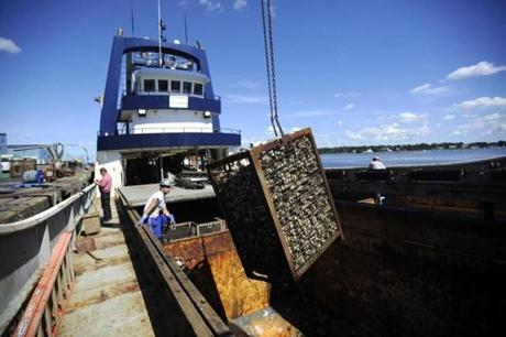 A container of clams was unloaded from the Sea Watcher 1 in New Bedford.
