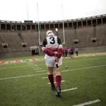 Gene Skowroski, 69, walked the Harvard Stadium field after taking part in some reunion rugby matches Saturday.