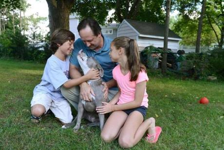 Eric Coldwell and his children, Thomas and Chloe, played with their 1-year-old pit bull mix in Weymouth.
