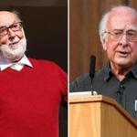 Francois Englert of Belgium (left) and Peter Higgs of Britain won the 2013 Nobel Prize in physics on Tuesday for their theoretical discoveries on how subatomic particles acquire mass.