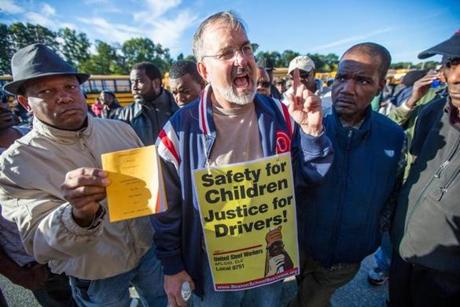 Stevan Kirschbaum, a school bus driver and a union leader, rallied co-workers on Tuesday outside the Readville bus yard. Mayor Thomas M. Menino has called Kirschbaum a “bully.”
