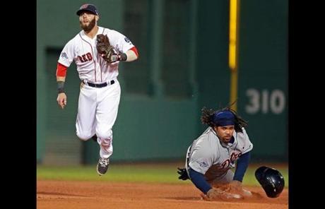 Prince Fielder (right) was out at second, but the throw from Dustin Pedroia to first was too late.
