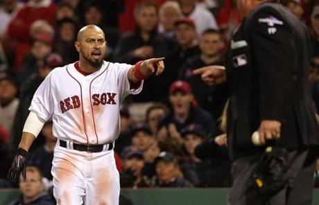 Shane Victorino got into a heated exchange with home plate umpire Joe West in the seventh inning.
