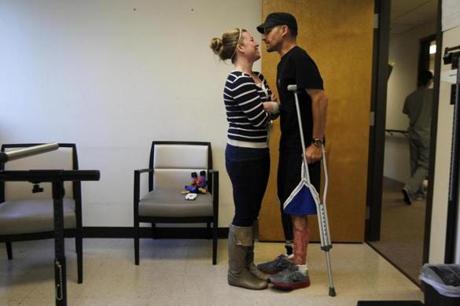 Nearly six months after he lost his leg in the Marathon bombings, Marc Fucarile was able to stand and kiss his fiancée, Jen Regan.
