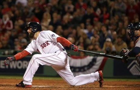 Dustin Pedroia struck out swinging in the fourth.
