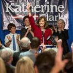 Democrat Katherine Clark  greeted supporters at a celebration in Melrose after she won the primary vote in the Fifth Congressional District  Tuesday night.  