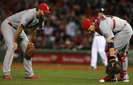 A pop up fell between Adam Wainwright and Yadier Molina in the second inning.

