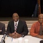 District 7 City Council candidates (from left) Jamarhl Crawford, incumbent Tito Jackson, and Roy Owens appeared at a town hall-style discussion in Roxbury on Monday.