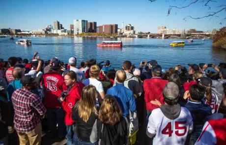 The duck boats carrying Red Sox players were seen from the Esplanade.  
