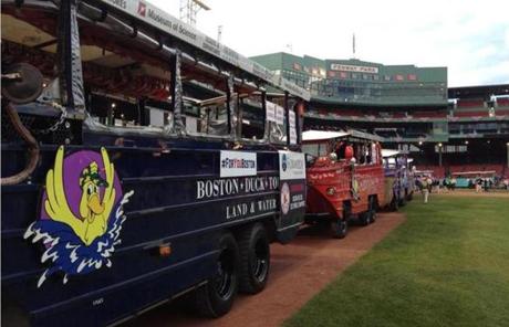 Duck Boats lined up at Fenway in preparation for the rally
