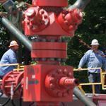 A crew worked on a drilling rig at a well site for shale-based natural gas in Zelienople, Pa.