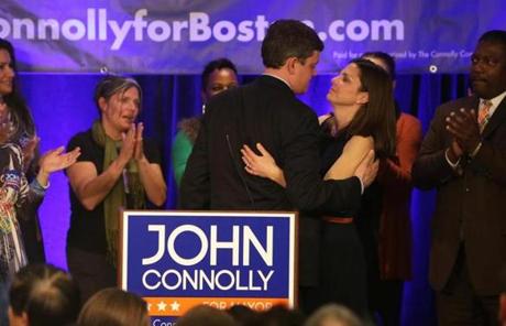 Connolly embraced his wife, Meg, following his concession speech.
