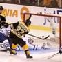 Patrice Bergeron found the net early in the third period against the Maple Leafs goalie James Reimer. 