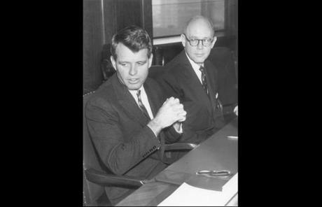RFK, shown here with then-US Attorney W. Arthur Garrity, wondered after his brother’s assassination if one of the Kennedys’ dangerous foes was behind the killing.
