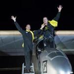 Pilots Bertrand Piccard (left) and Andre Borschberg, also chairman and CEO, respectively, of Solar Impulse, after their experimental solar-powered airplane landed in New York last July to complete a transcontinental flight.