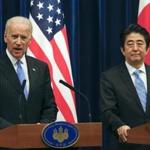 US Vice President Joe Biden (left) spoke at a press conference with Japanese Prime Minister Shinzo Abe in Tokyo.
