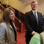 Charlie Baker and Karyn Polito greeted attendees at the Worcester Chamber of Commerce Tuesday.